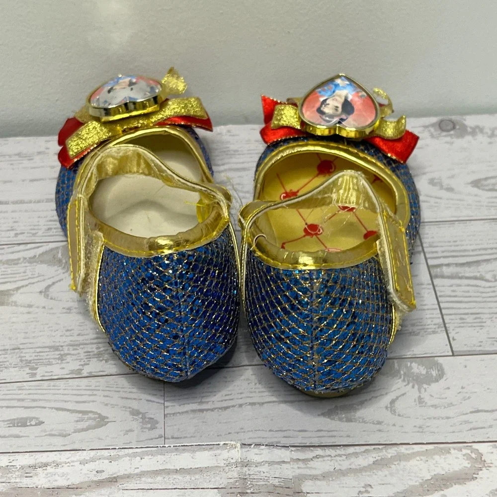 Disney Snow White Girls Blue Glitter Mary Jane Flats Gold Bow Shoes Size 7/8